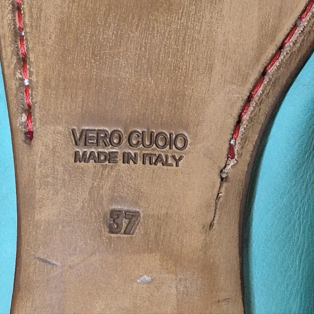 Italian Turquoise Leather Smoking Flats EU 37 Artisan Loafers Coastal Chic - Picture 12 of 13